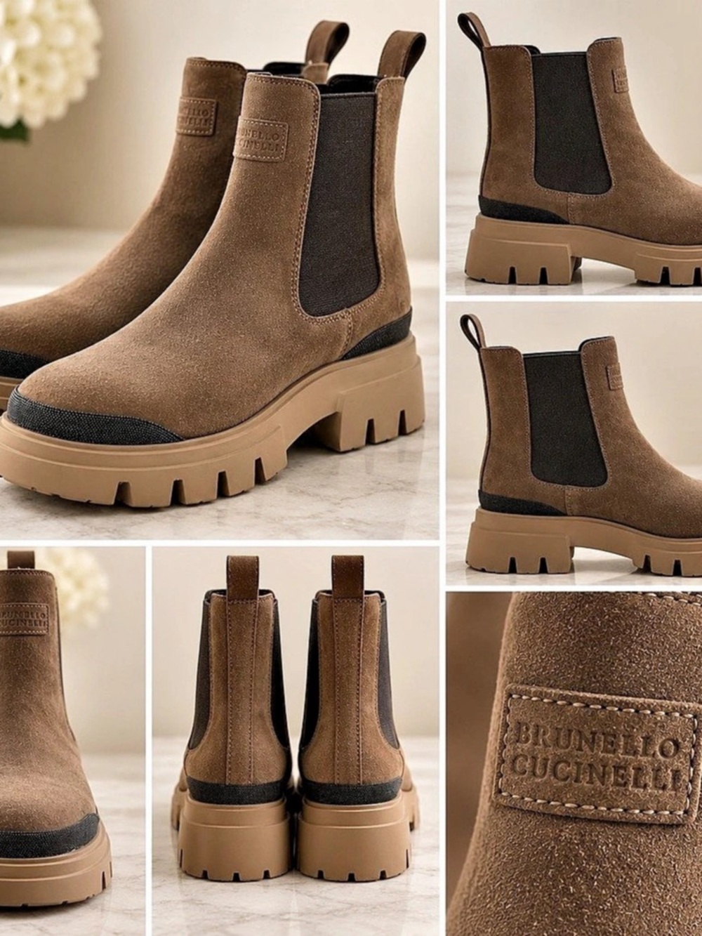 Brunello Cucinelli Suede Lug Sole Chelsea Boots Taupe/Brown